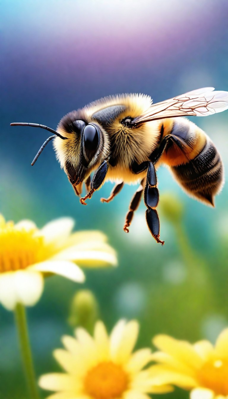 Bee hovering near flowers Bee hovering near flowers