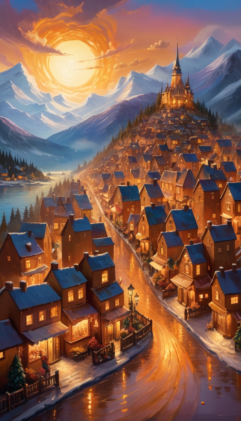 Snowy village at sunset Snowy village at sunset