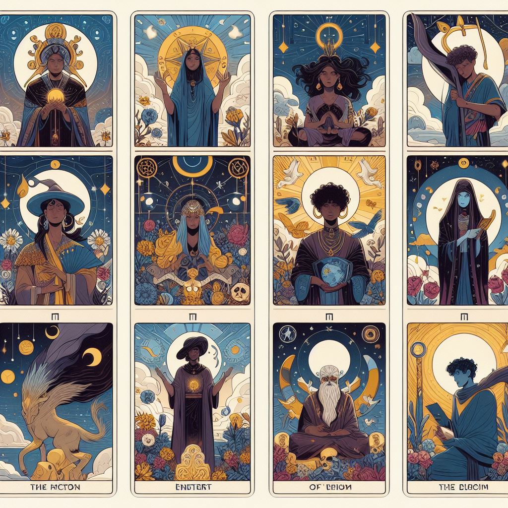 Tarot card set with diverse figures Tarot card set with diverse figures