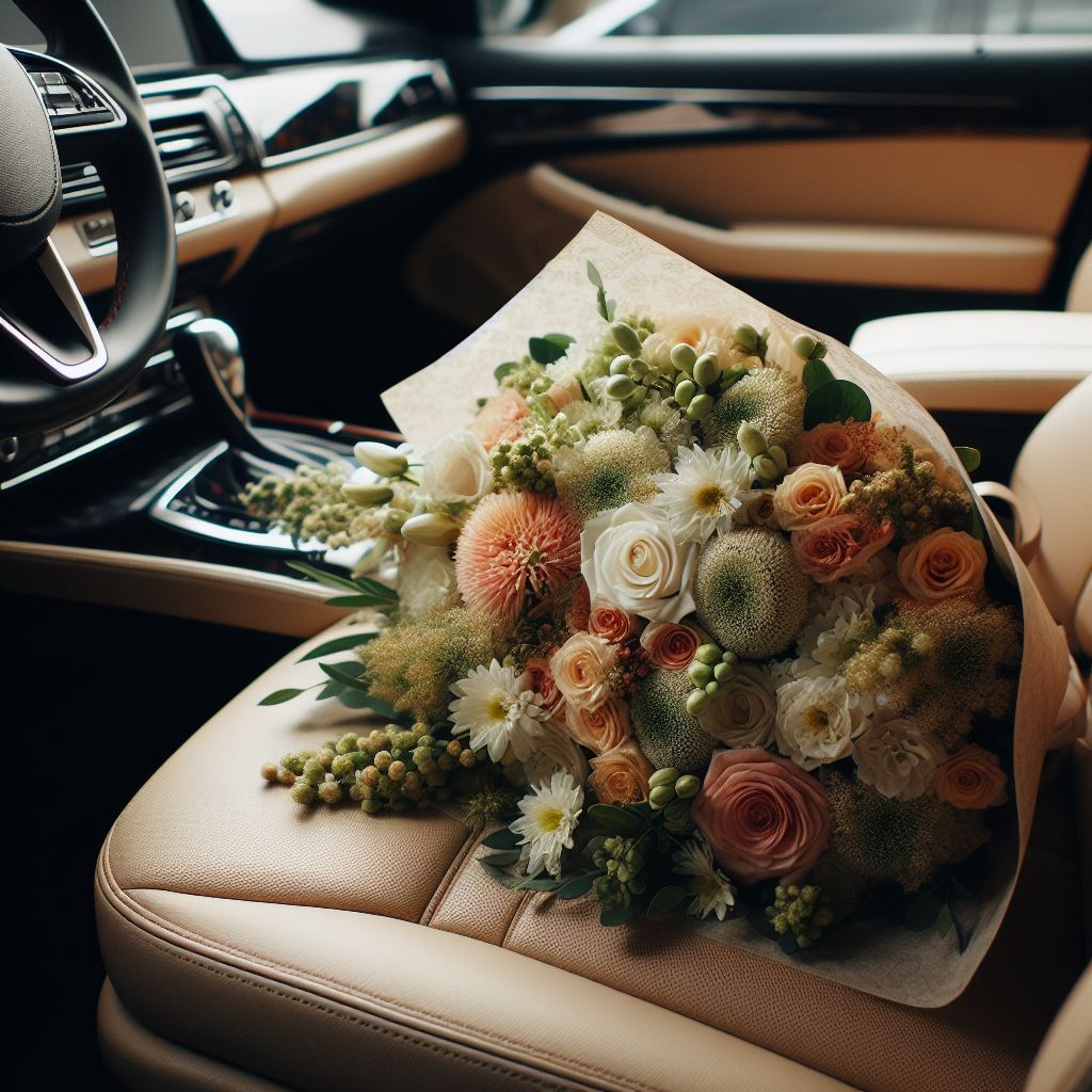Flower bouquet inside car interior Flower bouquet inside car interior