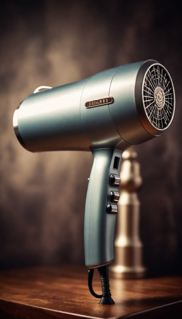 Silver hair dryer on wooden table Silver hair dryer on wooden table