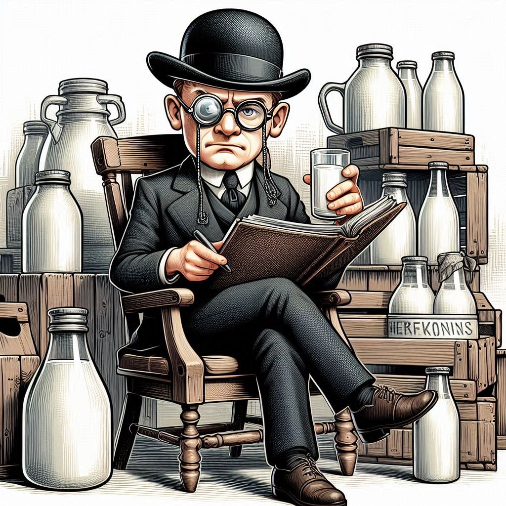 Man reading in a chair surrounded by milk bottles Man reading in a chair surrounded by milk bottles