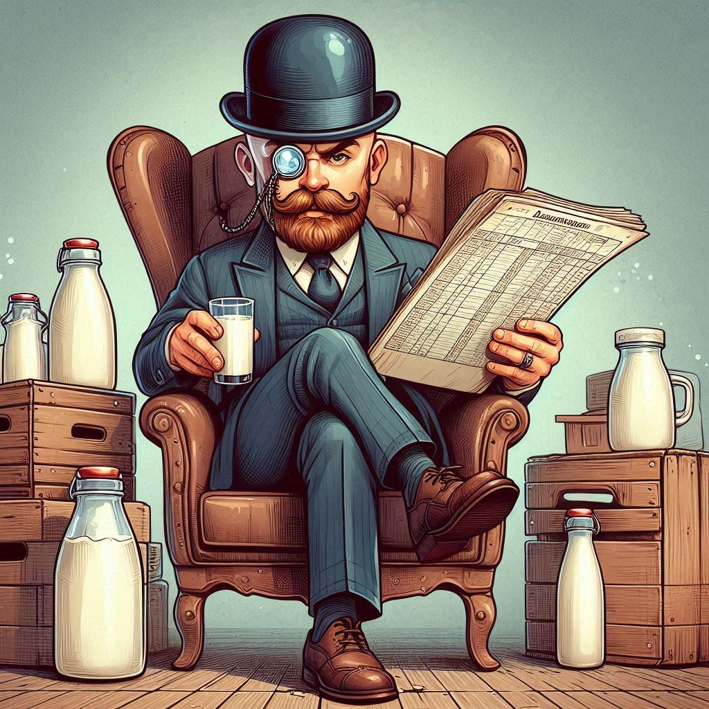 Gentleman reading newspaper with milk Gentleman reading newspaper with milk