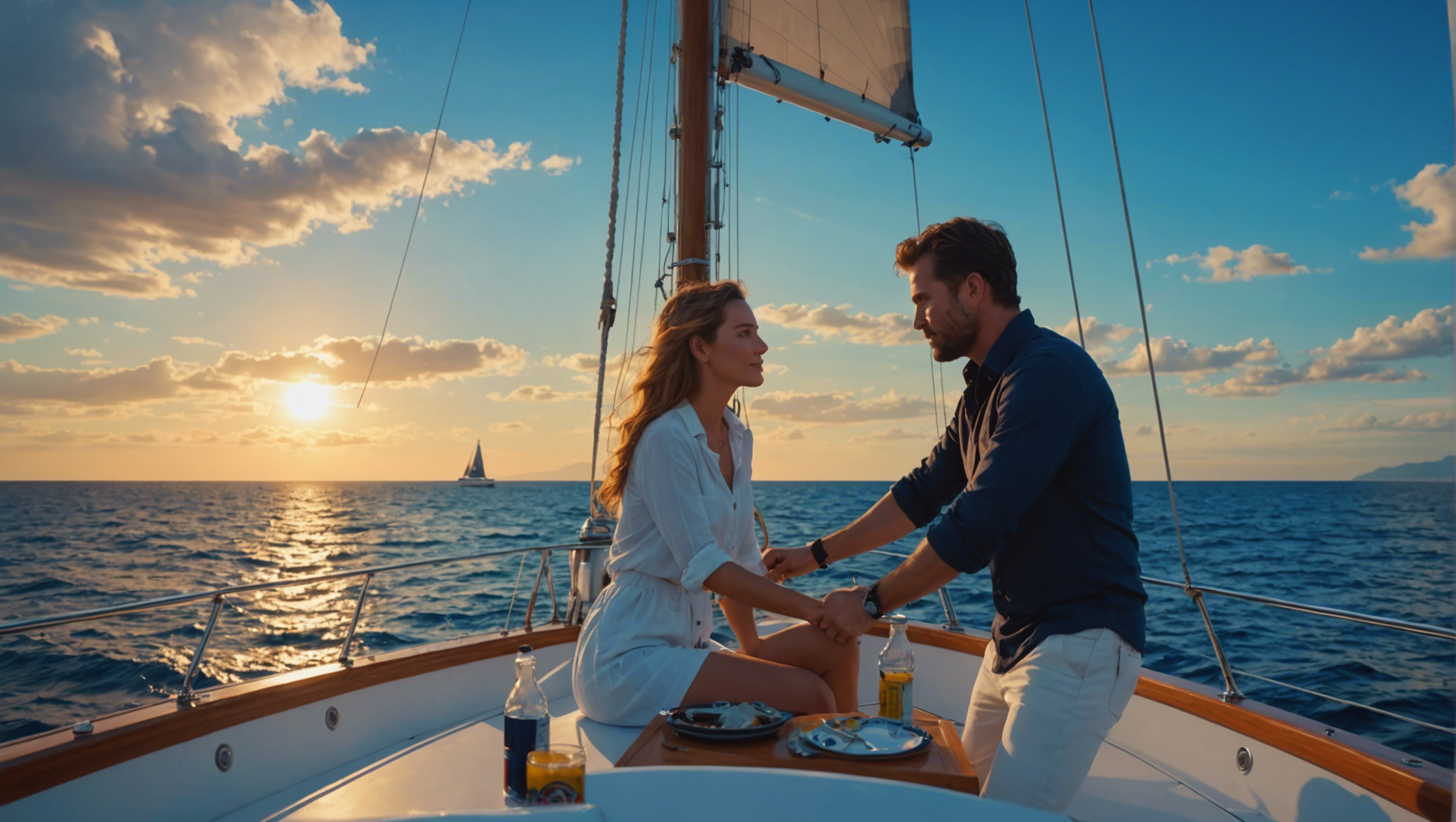 Couple enjoying sunset sailboat ride Couple enjoying sunset sailboat ride