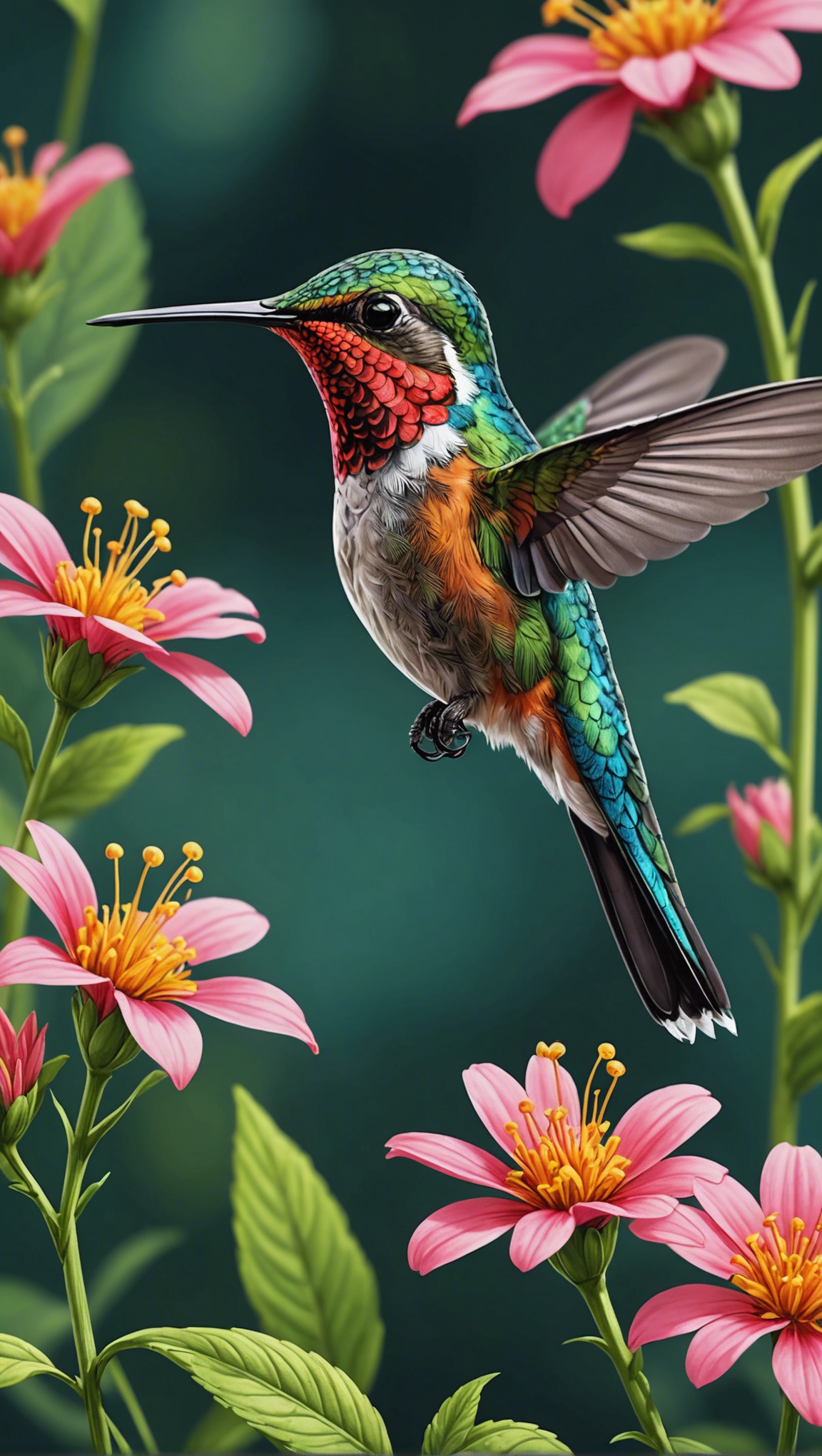 Hummingbird hovering near flowers Hummingbird hovering near flowers
