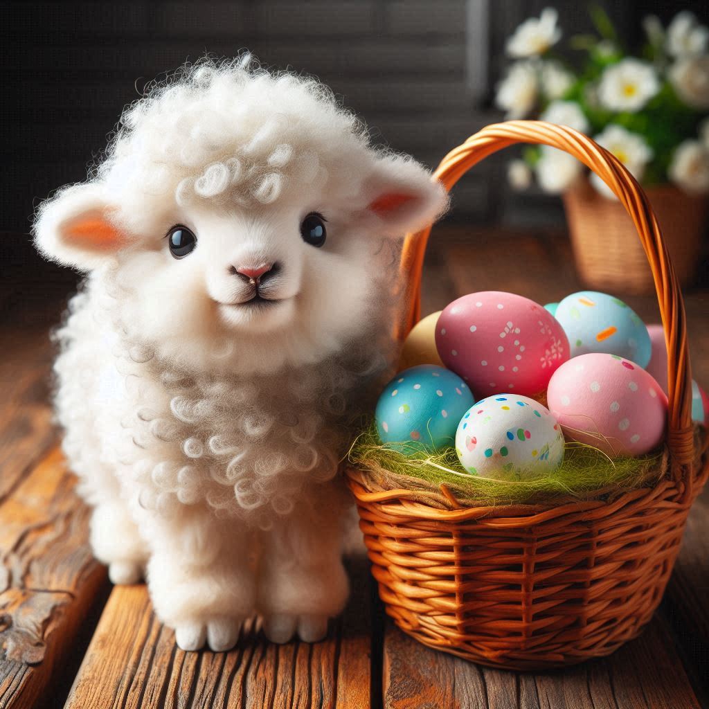 Lamb and easter eggs in basket Lamb and easter eggs in basket