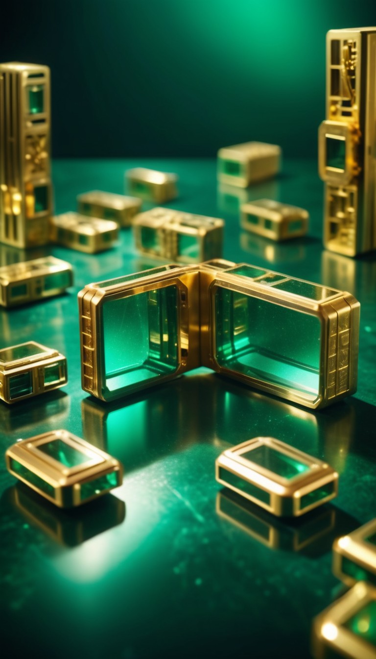 Gold and emerald jewelry on green surface Gold and emerald jewelry on green surface
