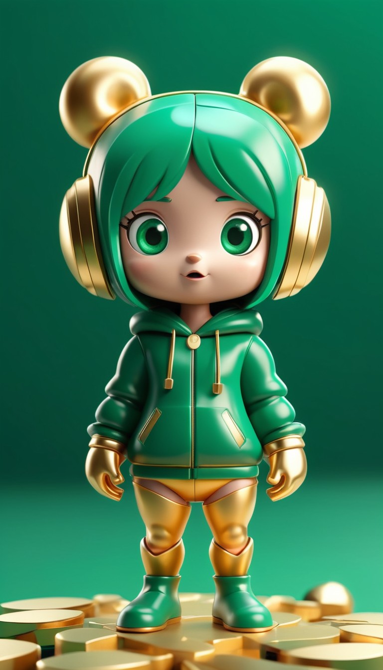 Green character with headphones on gold coins Green character with headphones on gold coins