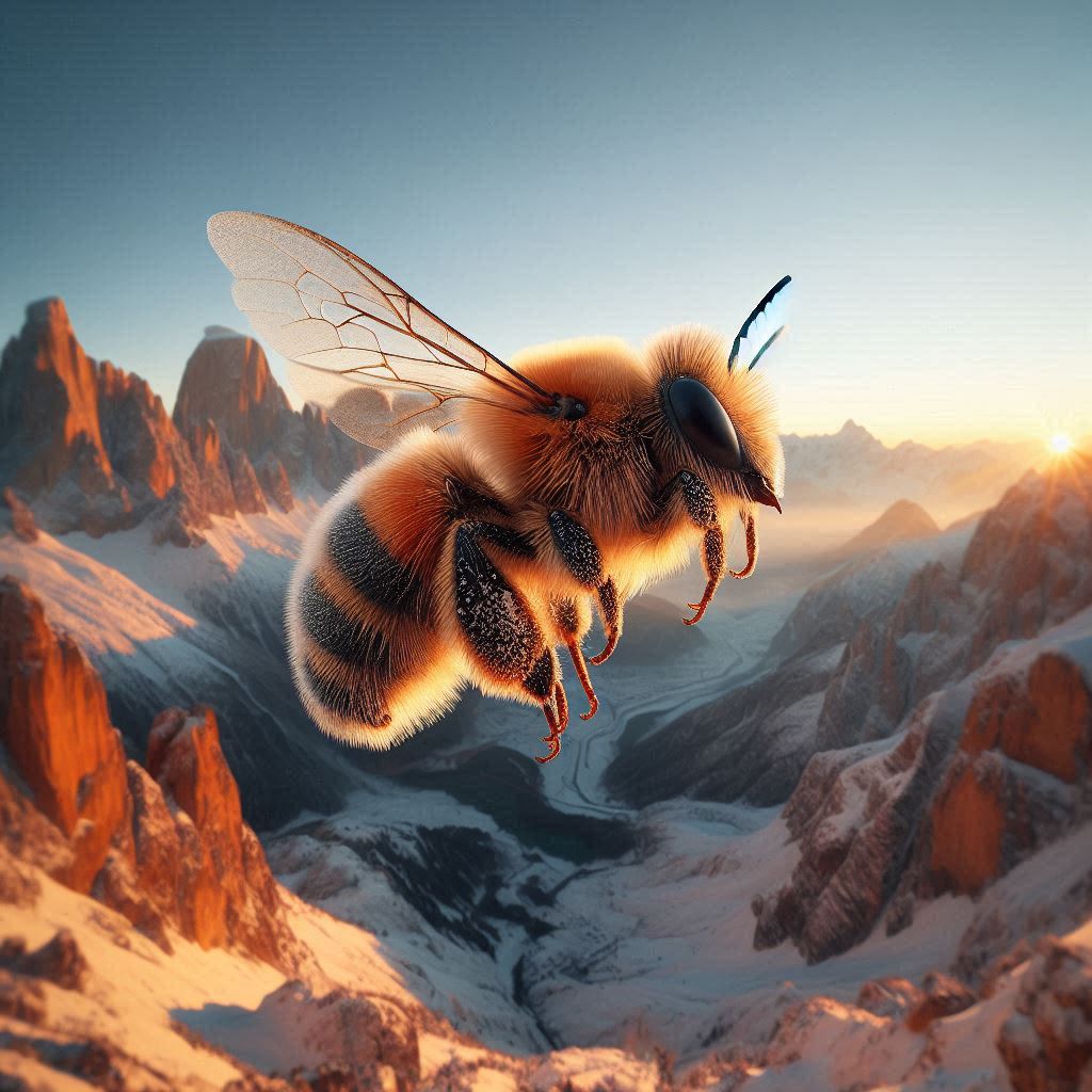 Bee flying over snowy mountains at sunset Bee flying over snowy mountains at sunset