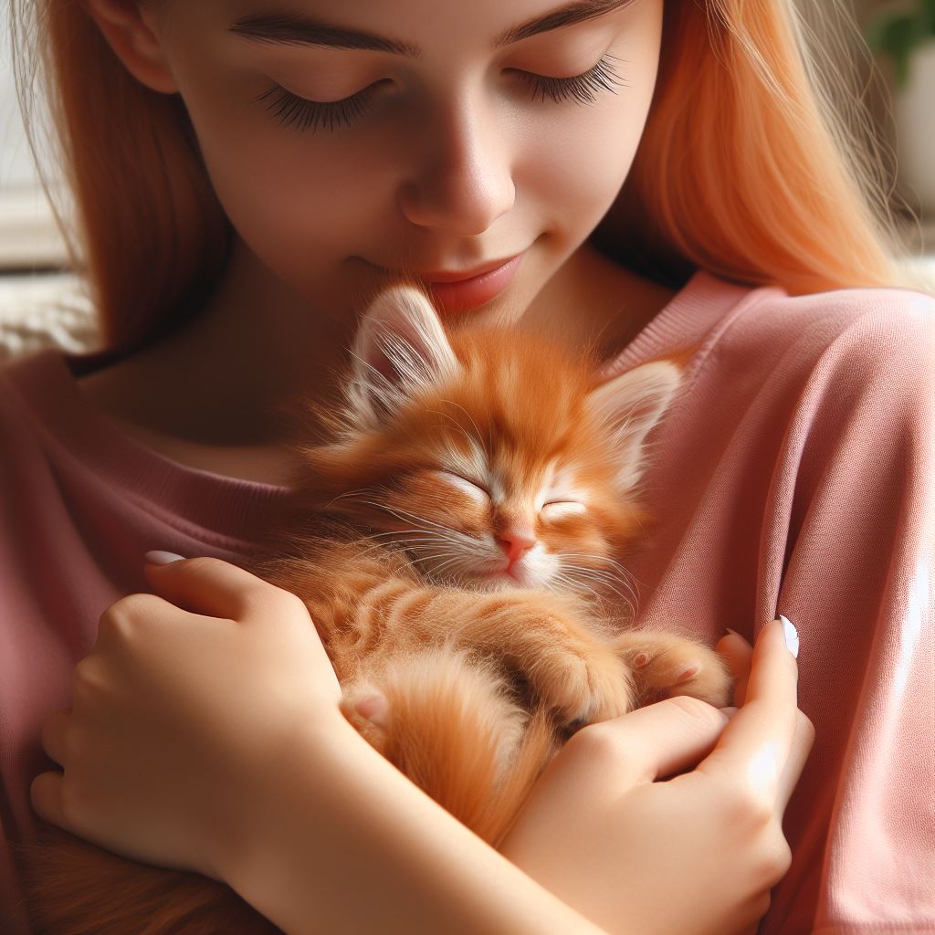 Woman holding sleeping kitten Woman holding sleeping kitten