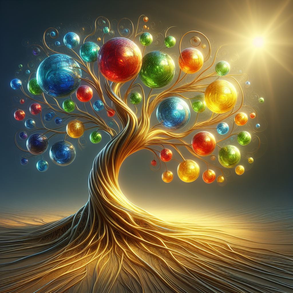 Golden tree with colorful orbs Golden tree with colorful orbs