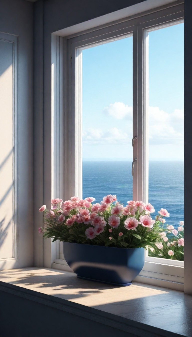 Pink Flowers in Blue Pot by Ocean Window Pink Flowers in Blue Pot by Ocean Window