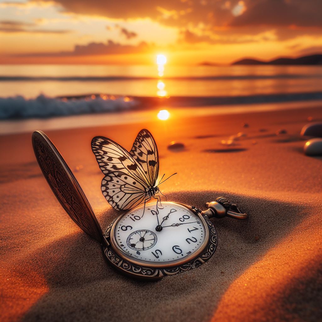 Sunset beach clock and butterfly Sunset beach clock and butterfly