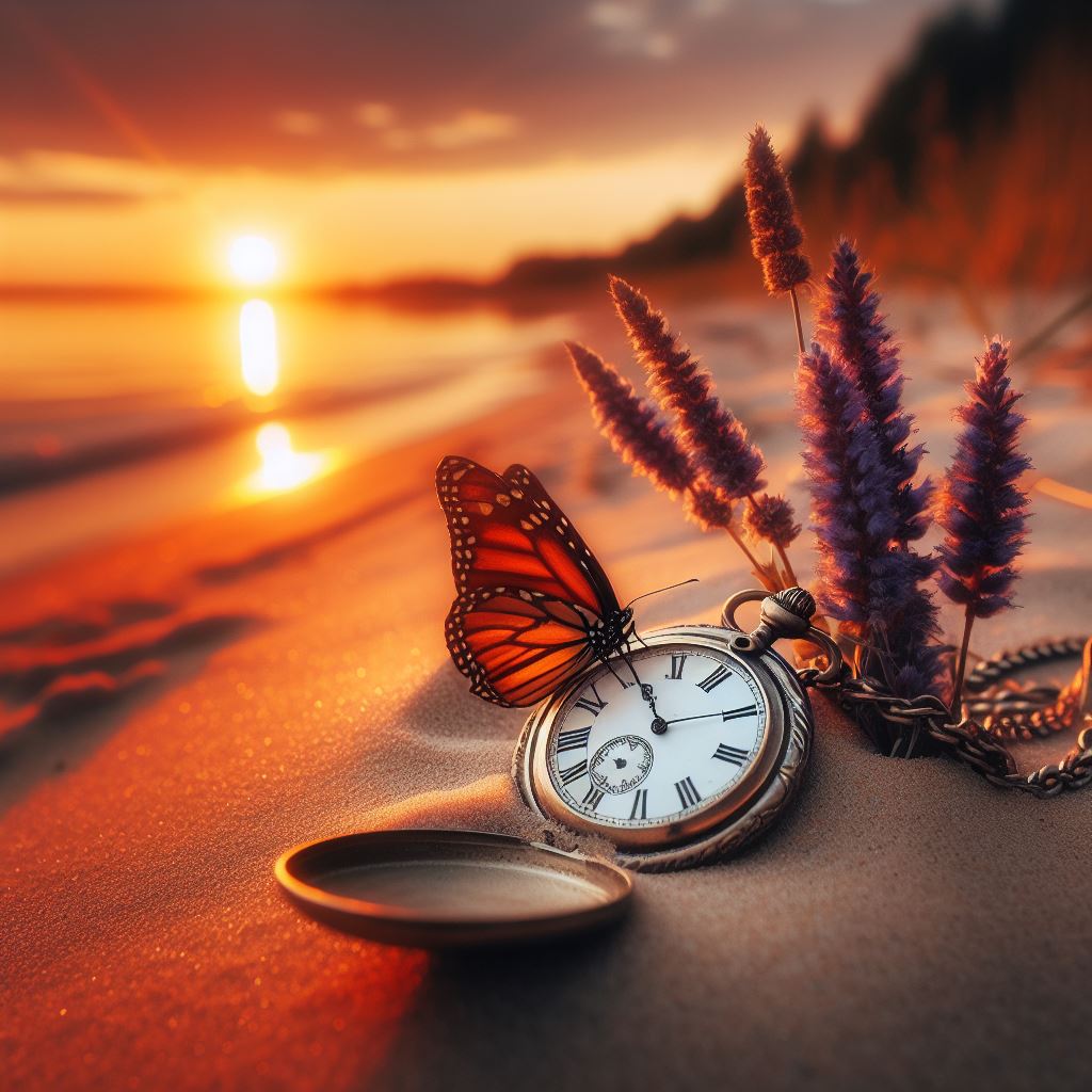 Sunset beach with pocket watch and butterfly Sunset beach with pocket watch and butterfly
