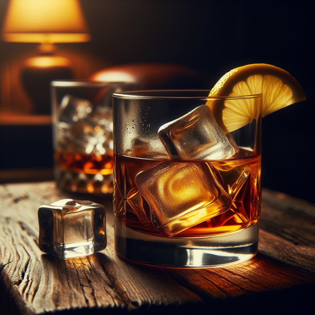 Whiskey with lemon and ice on wooden table Whiskey with lemon and ice on wooden table