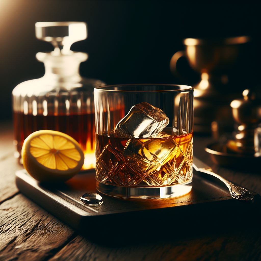 Whiskey with ice and lemon on wooden table Whiskey with ice and lemon on wooden table