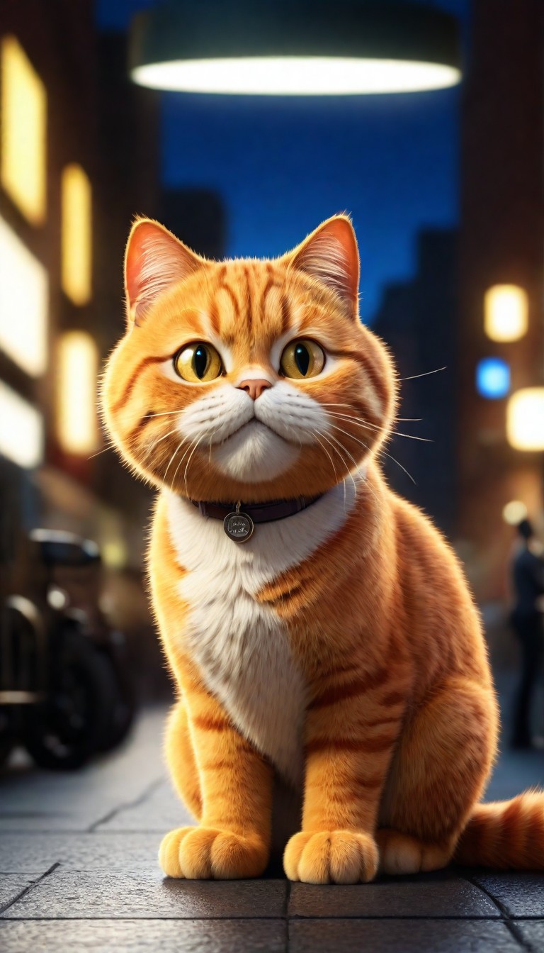 Orange tabby cat sitting on sidewalk at night Orange tabby cat sitting on sidewalk at night