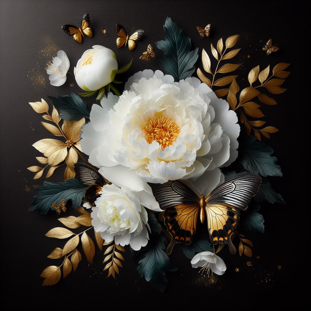 White peonies and butterflies on black background White peonies and butterflies on black background