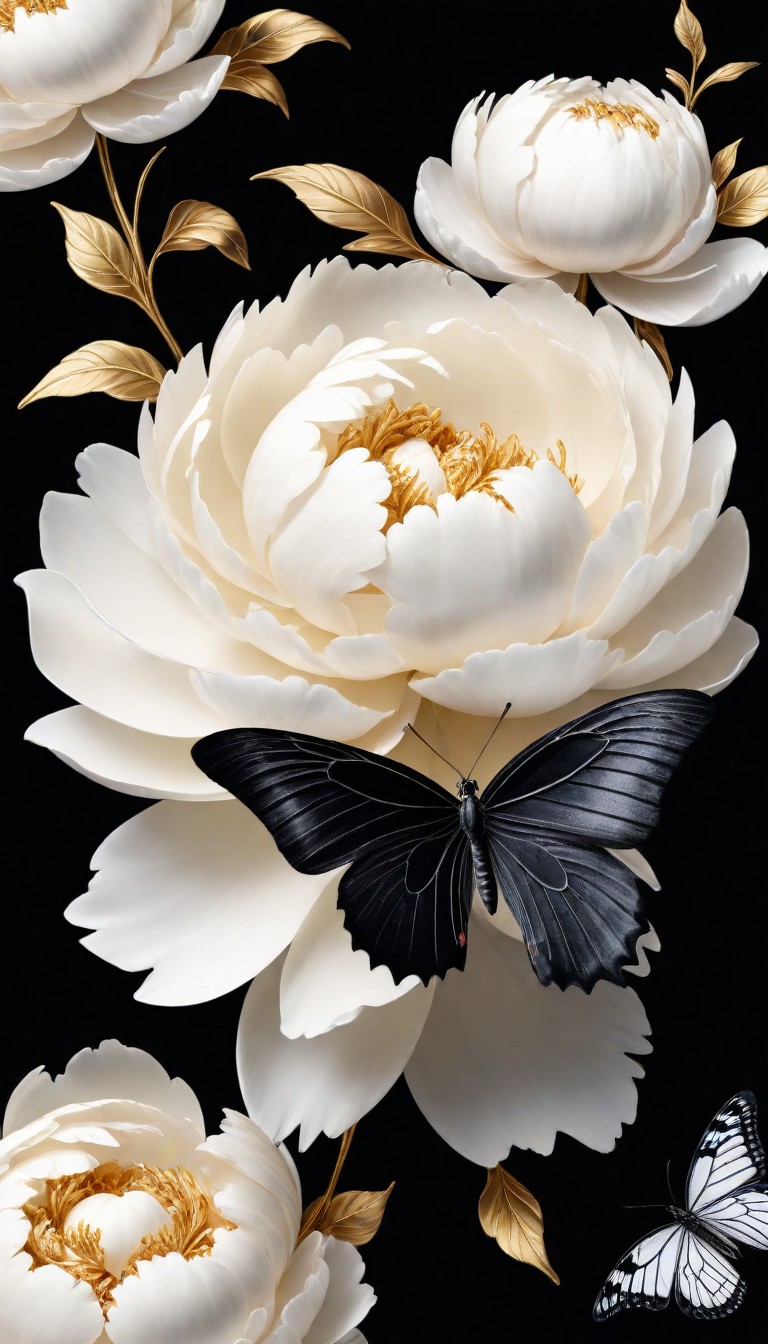 White peonies and butterfly on black background White peonies and butterfly on black background