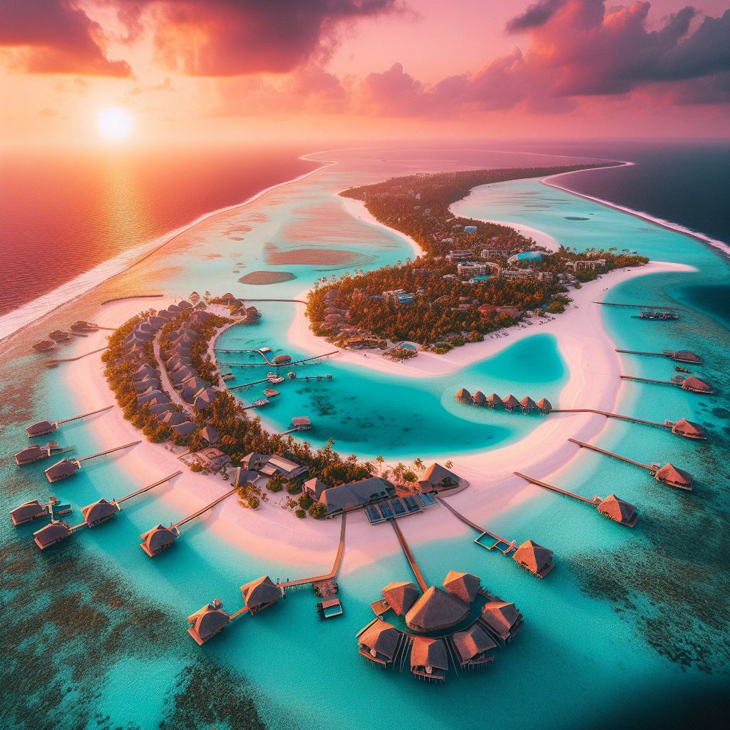 Tropical island resort at sunset Tropical island resort at sunset