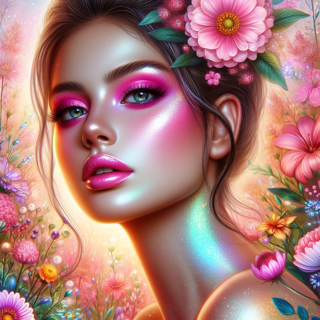 Woman with pink flowers and makeup Woman with pink flowers and makeup