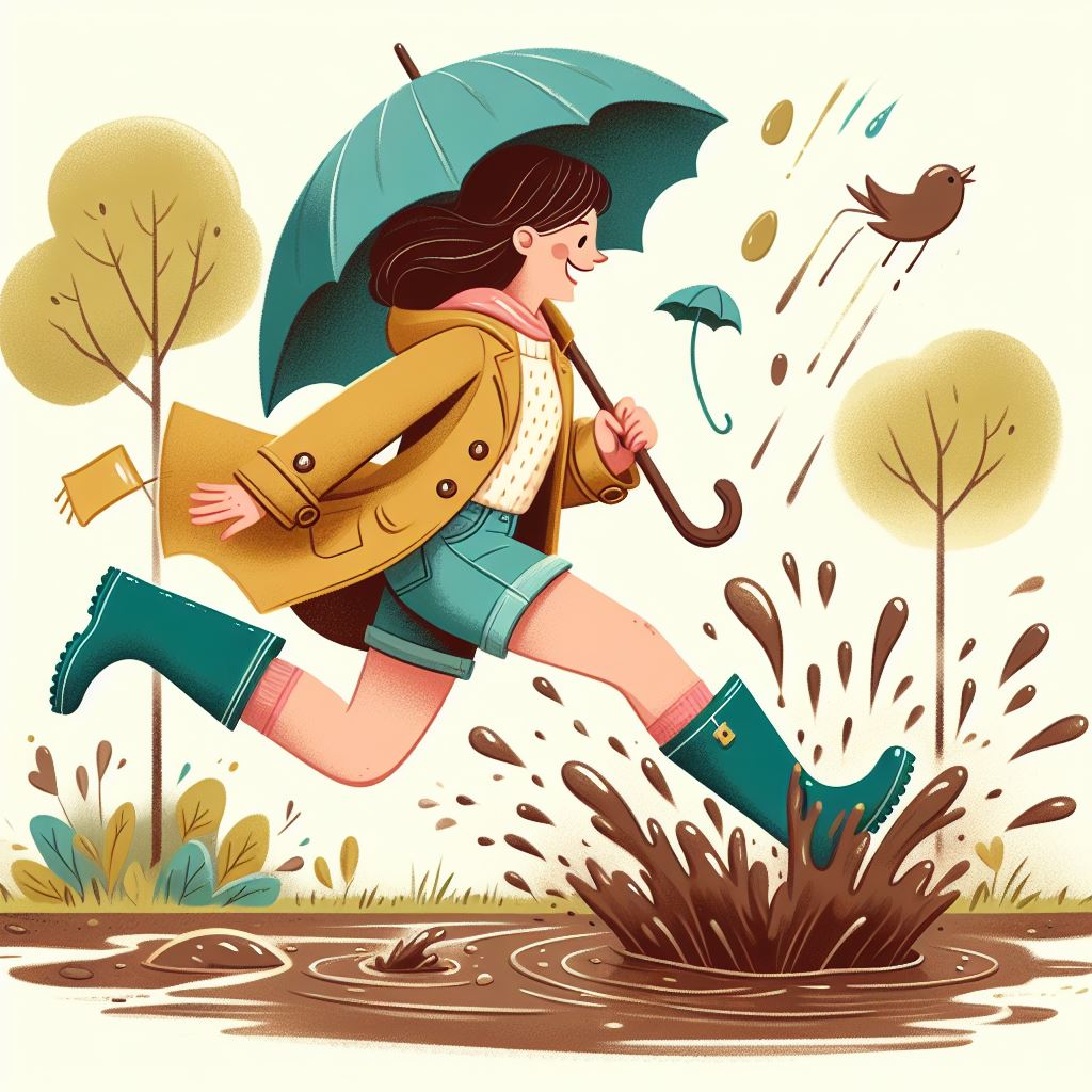 Girl jumping in puddle on rainy day Girl jumping in puddle on rainy day