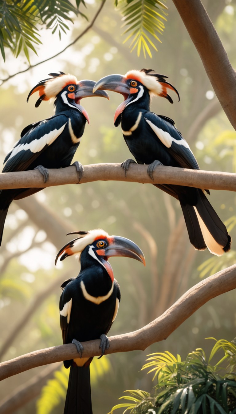 Three hornbills perched on branch Three hornbills perched on branch