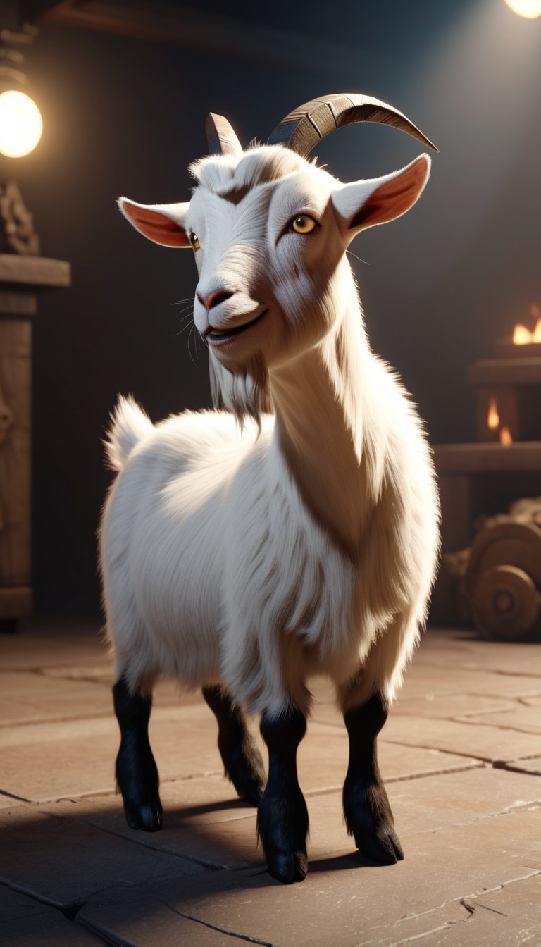White goat standing in a dark room White goat standing in a dark room