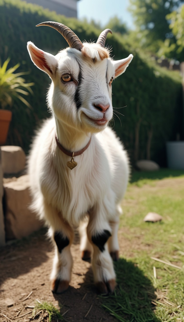 White goat standing in a garden White goat standing in a garden