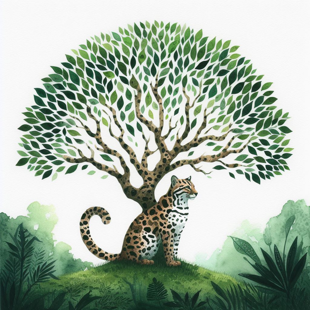 Ocelot under a green tree Ocelot under a green tree