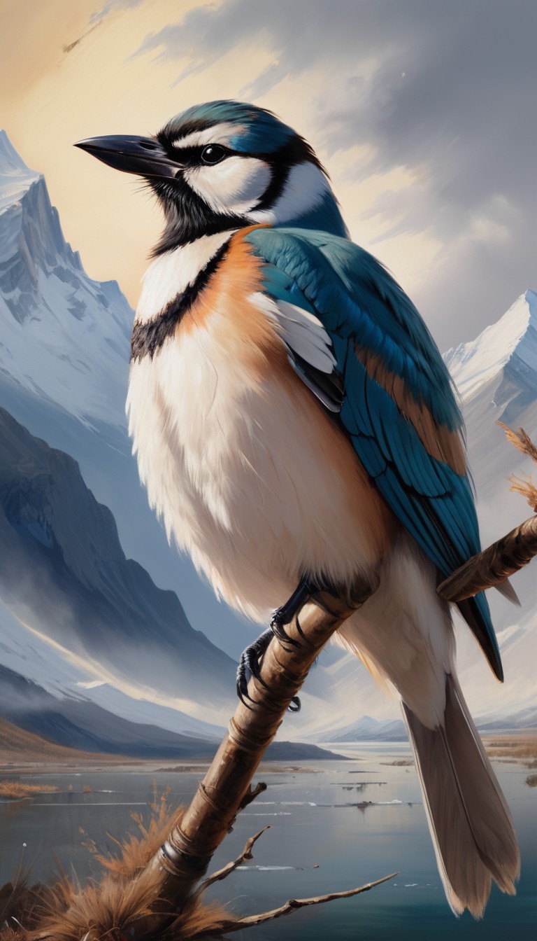 Blue jay perched on branch in snowy mountains Blue jay perched on branch in snowy mountains