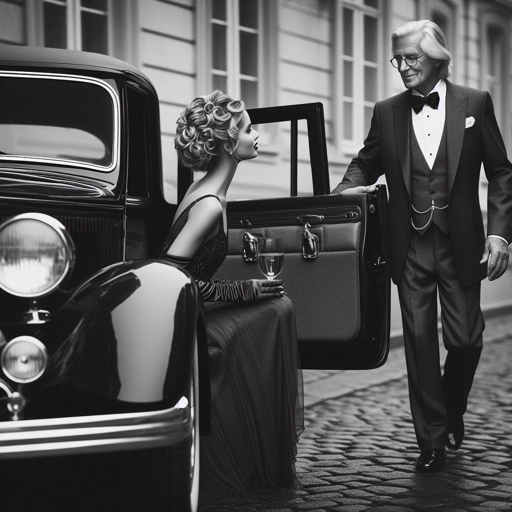 Woman entering vintage car Woman entering vintage car