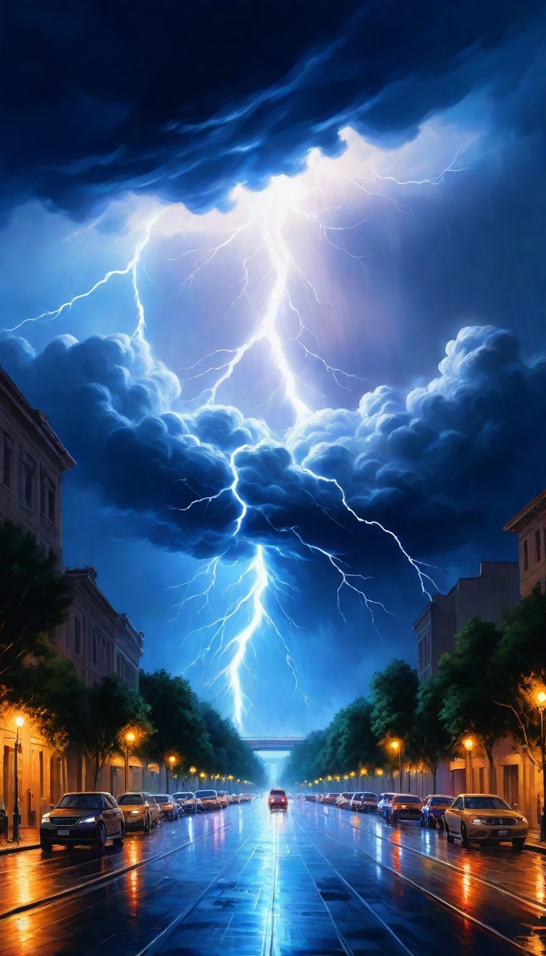 Lightning strikes city street at night Lightning strikes city street at night