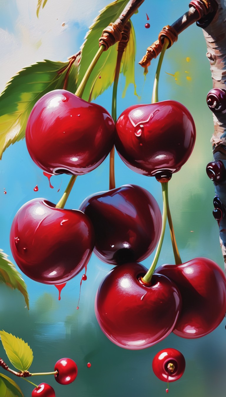 Ripe cherries hanging from branch Ripe cherries hanging from branch