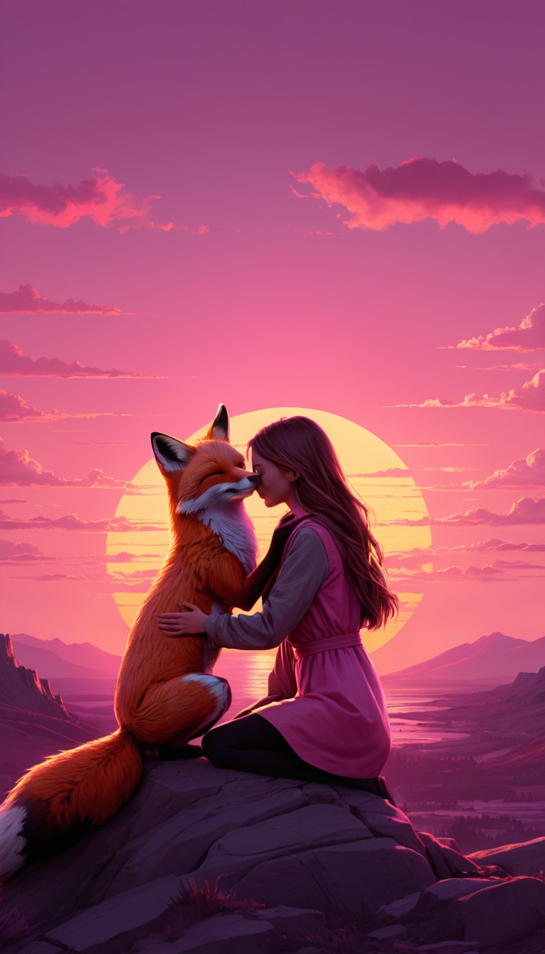 Girl and fox at sunset Girl and fox at sunset