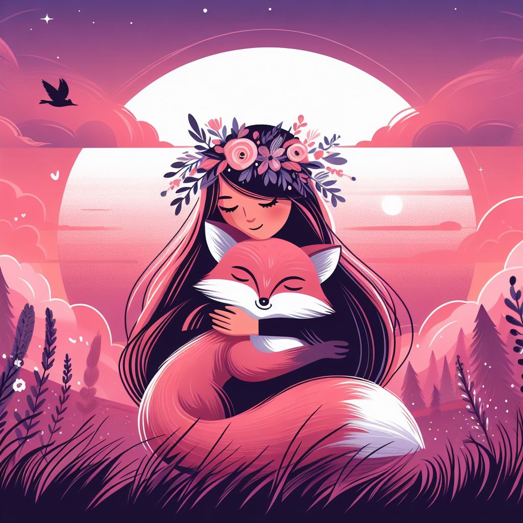Girl embracing fox under evening sky Girl embracing fox under evening sky