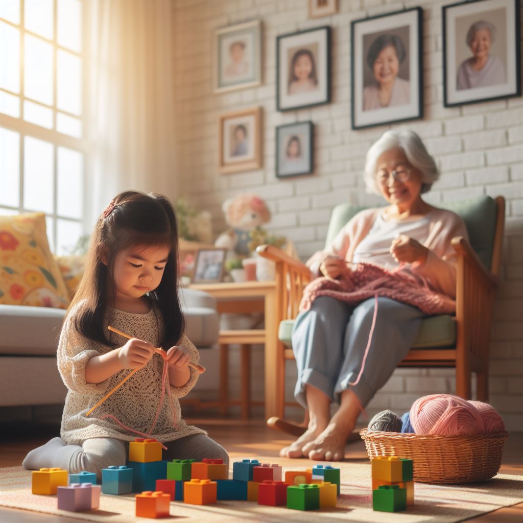 Young girl playing with blocks while grandma knits Young girl playing with blocks while grandma knits