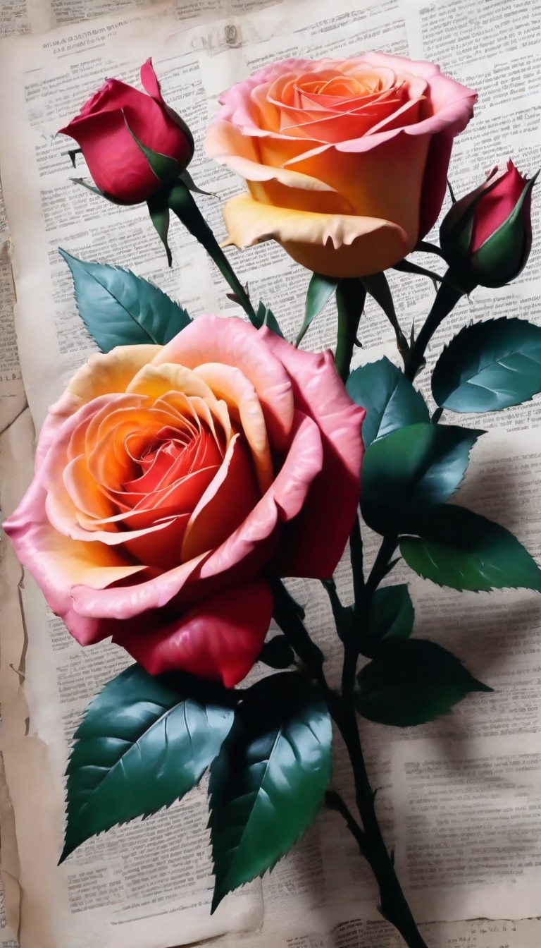 Pink and orange roses on old book Pink and orange roses on old book