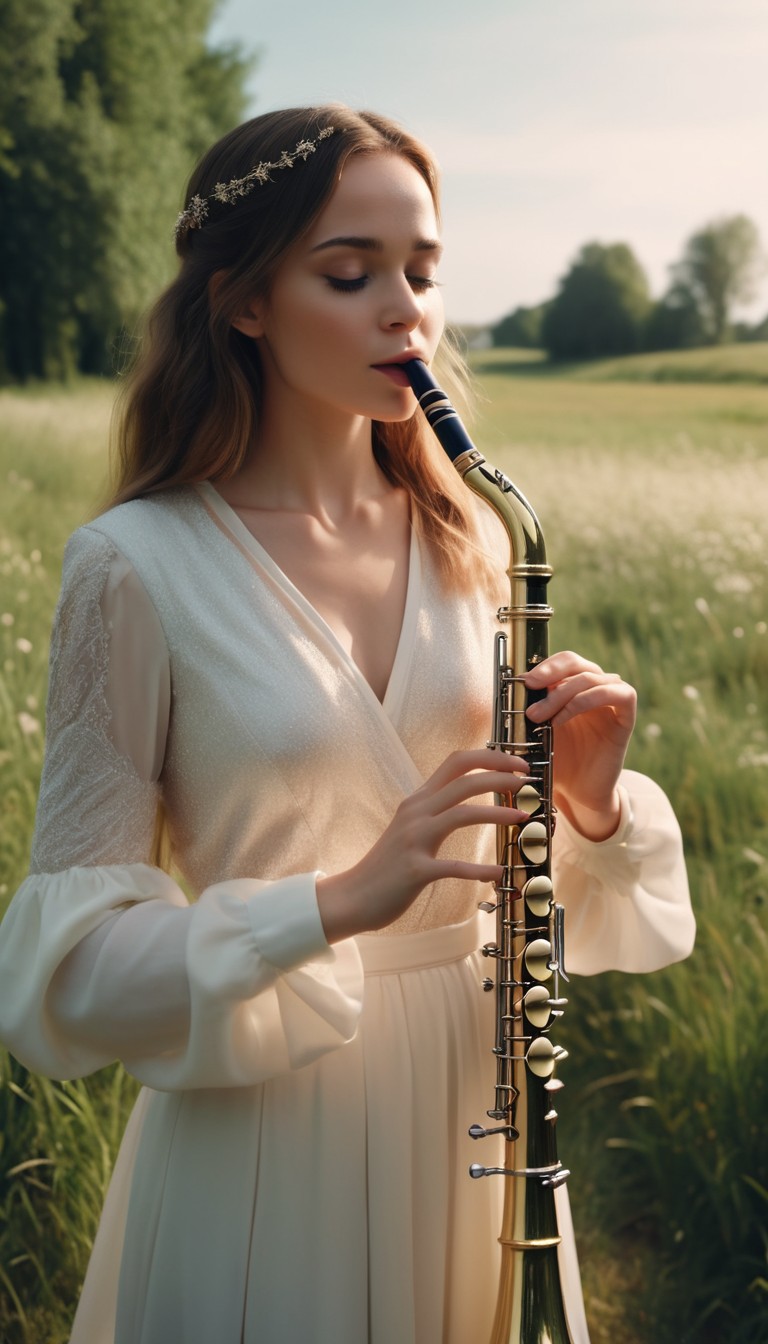 Woman playing saxophone in field Woman playing saxophone in field