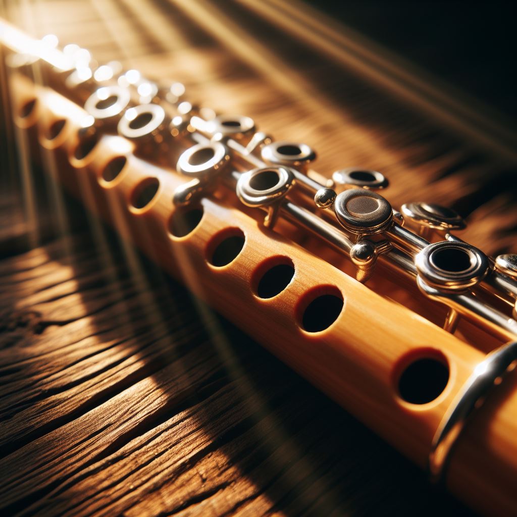 Flute on wooden surface Flute on wooden surface