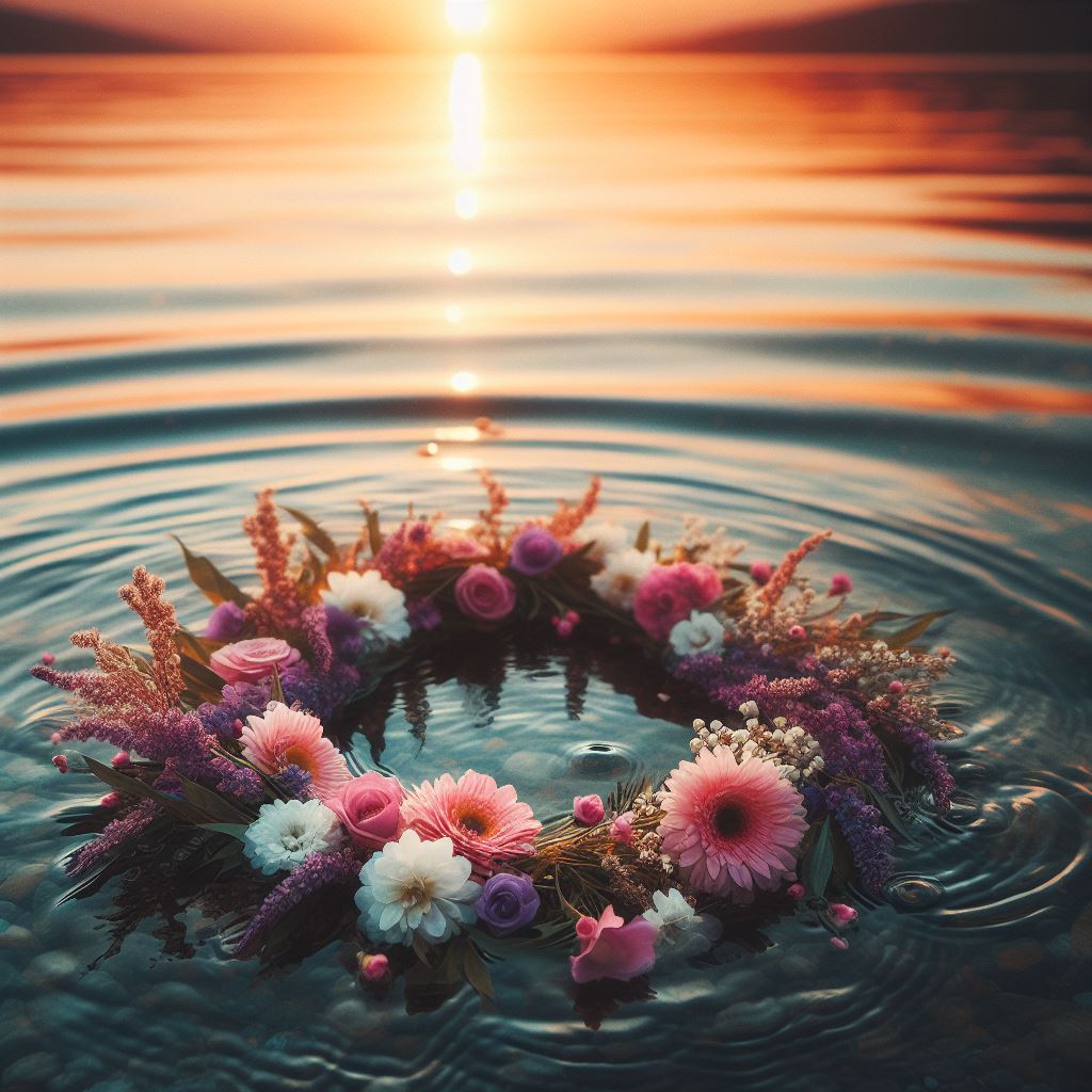 Flower wreath in sunset water Flower wreath in sunset water