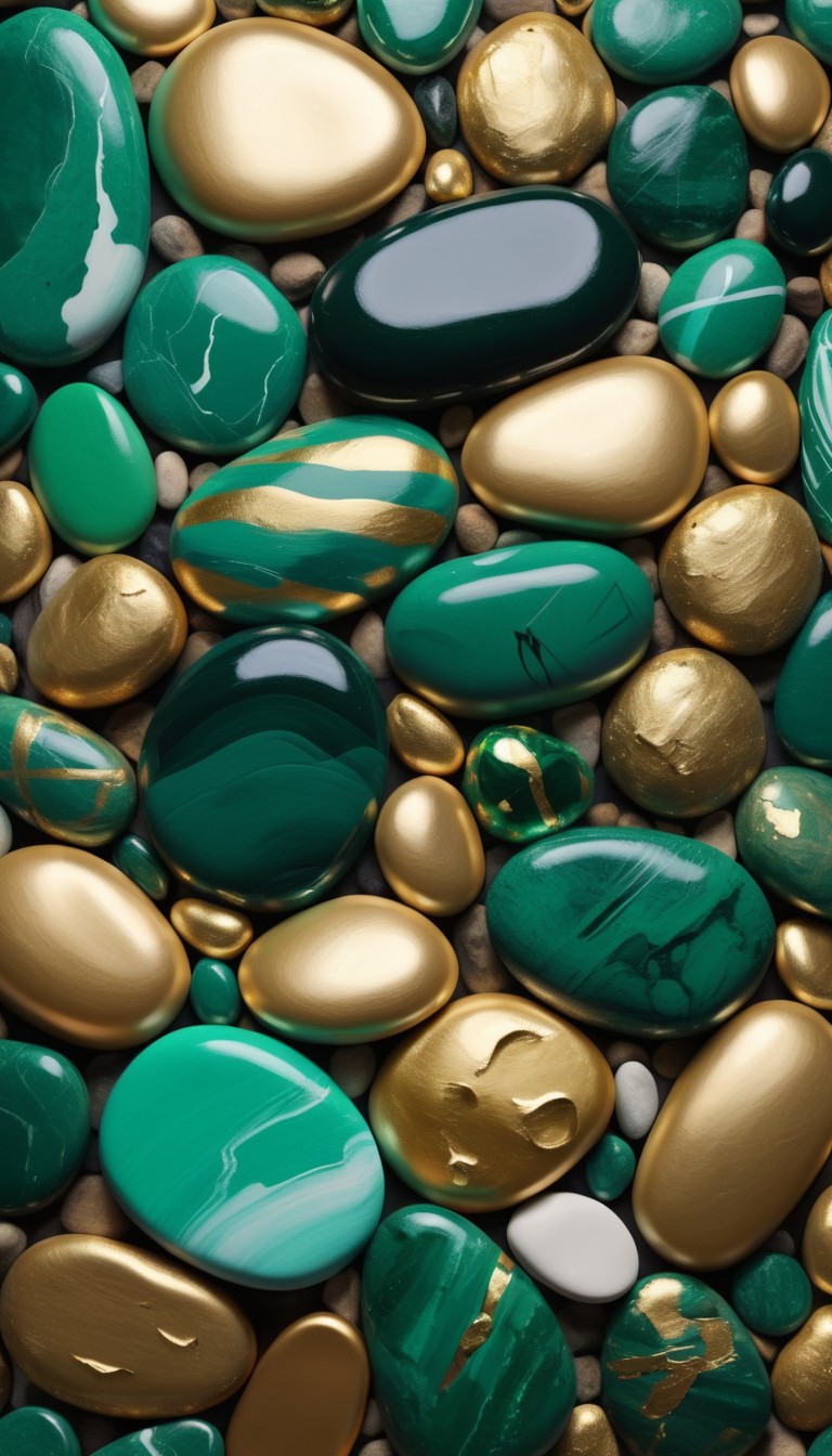 Green and gold painted stones close-up Green and gold painted stones close-up
