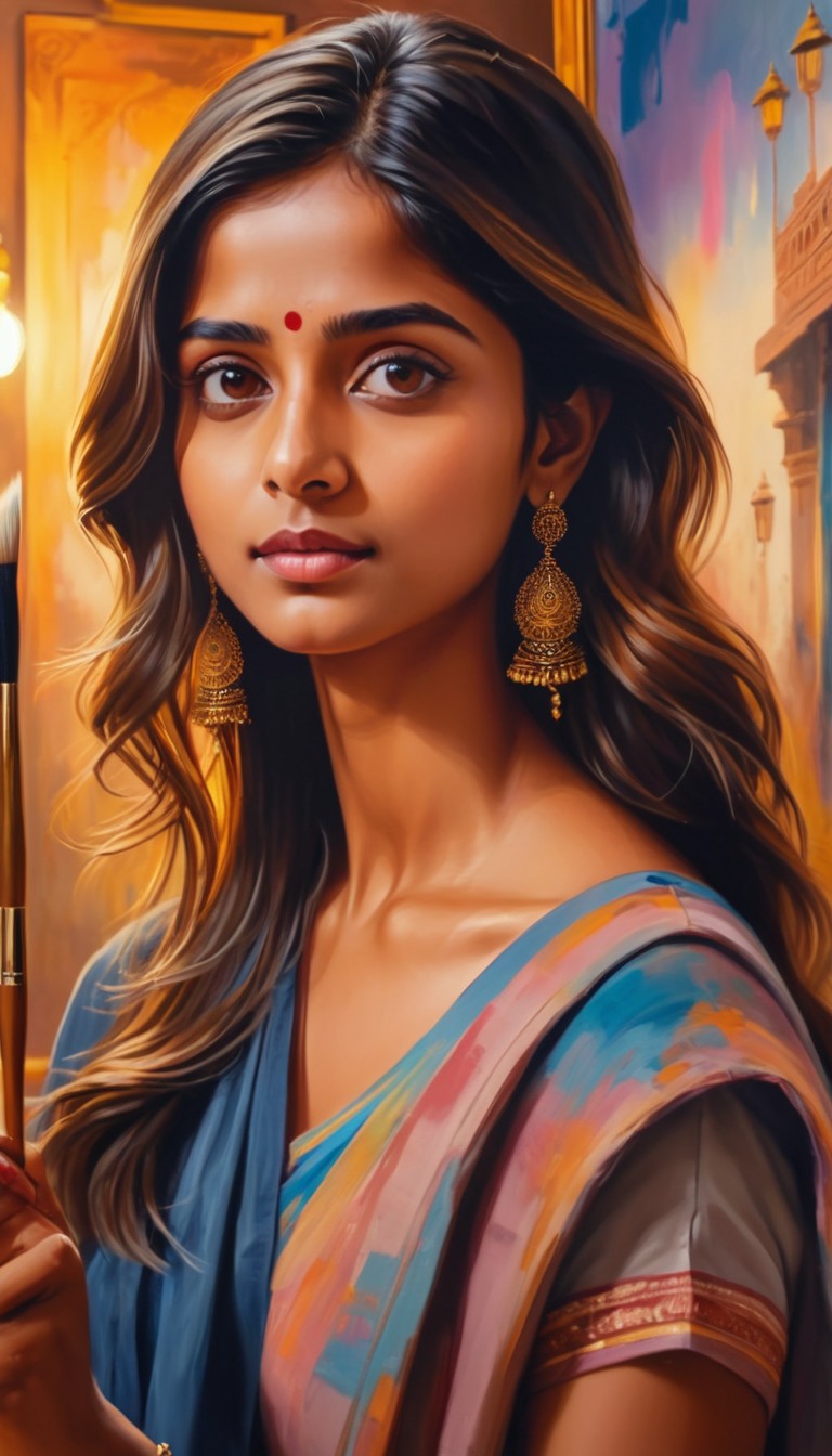Woman in sari holding paintbrush Woman in sari holding paintbrush