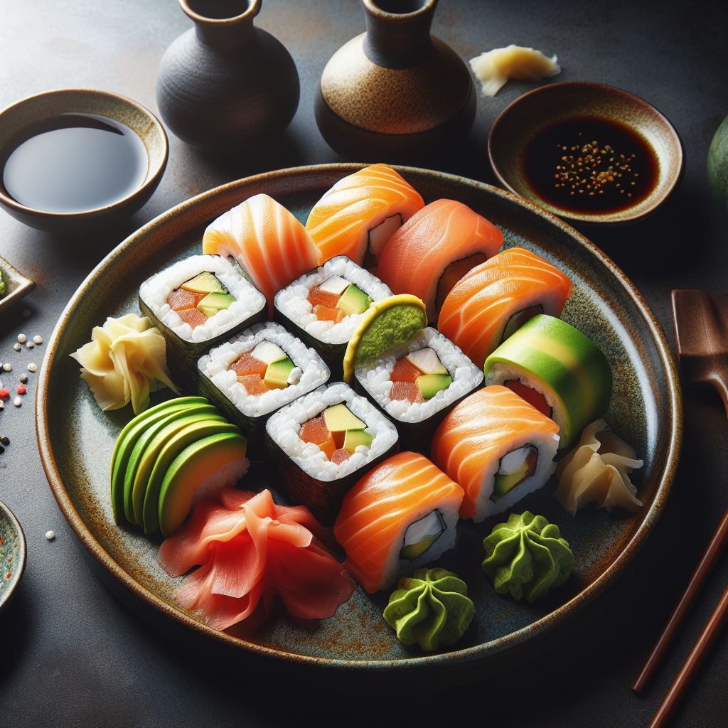 Salmon avocado sushi rolls on plate Salmon avocado sushi rolls on plate