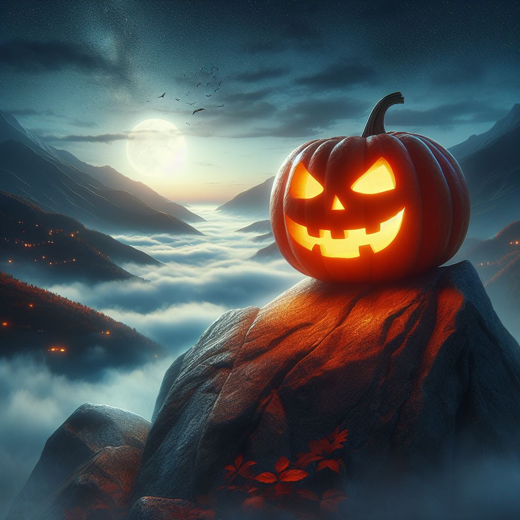 Jack-o'-lantern on mountaintop at night Jack-o'-lantern on mountaintop at night