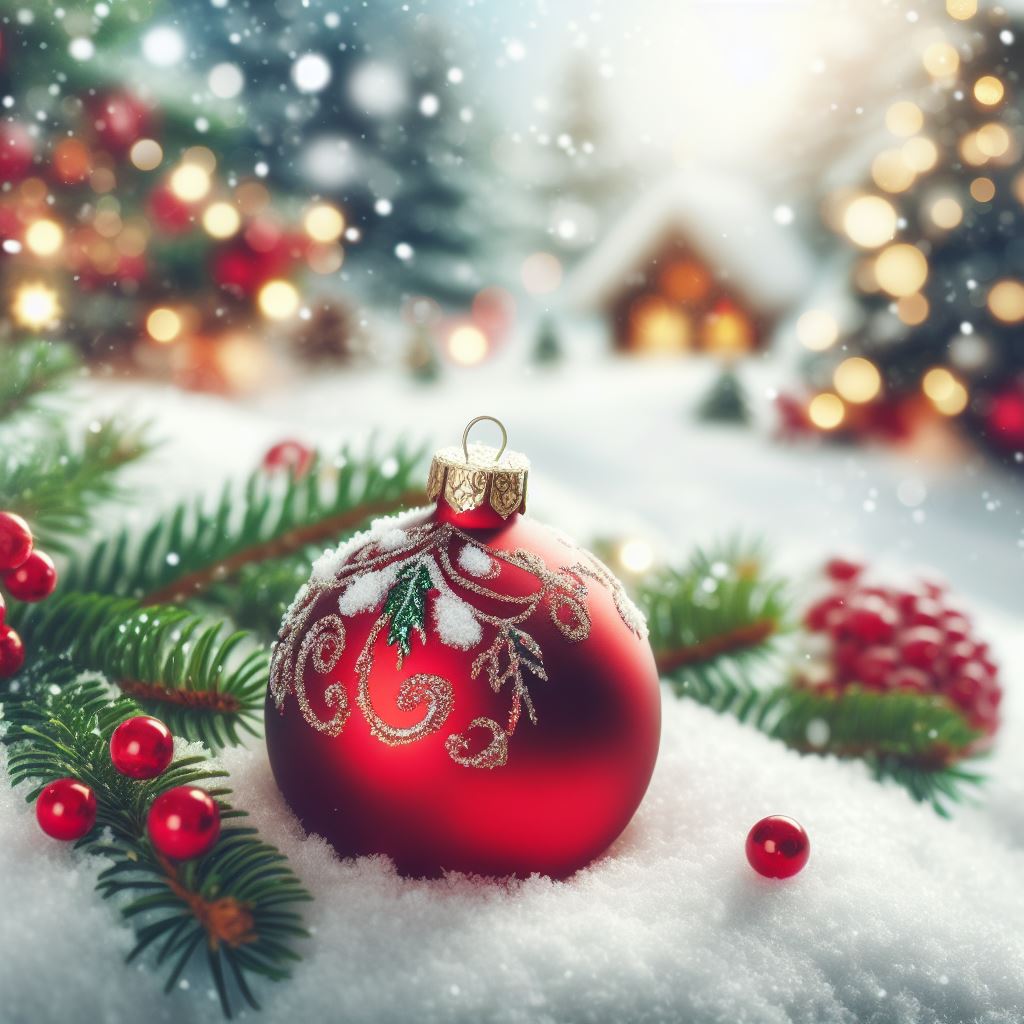 Red christmas ornament in snow Red christmas ornament in snow