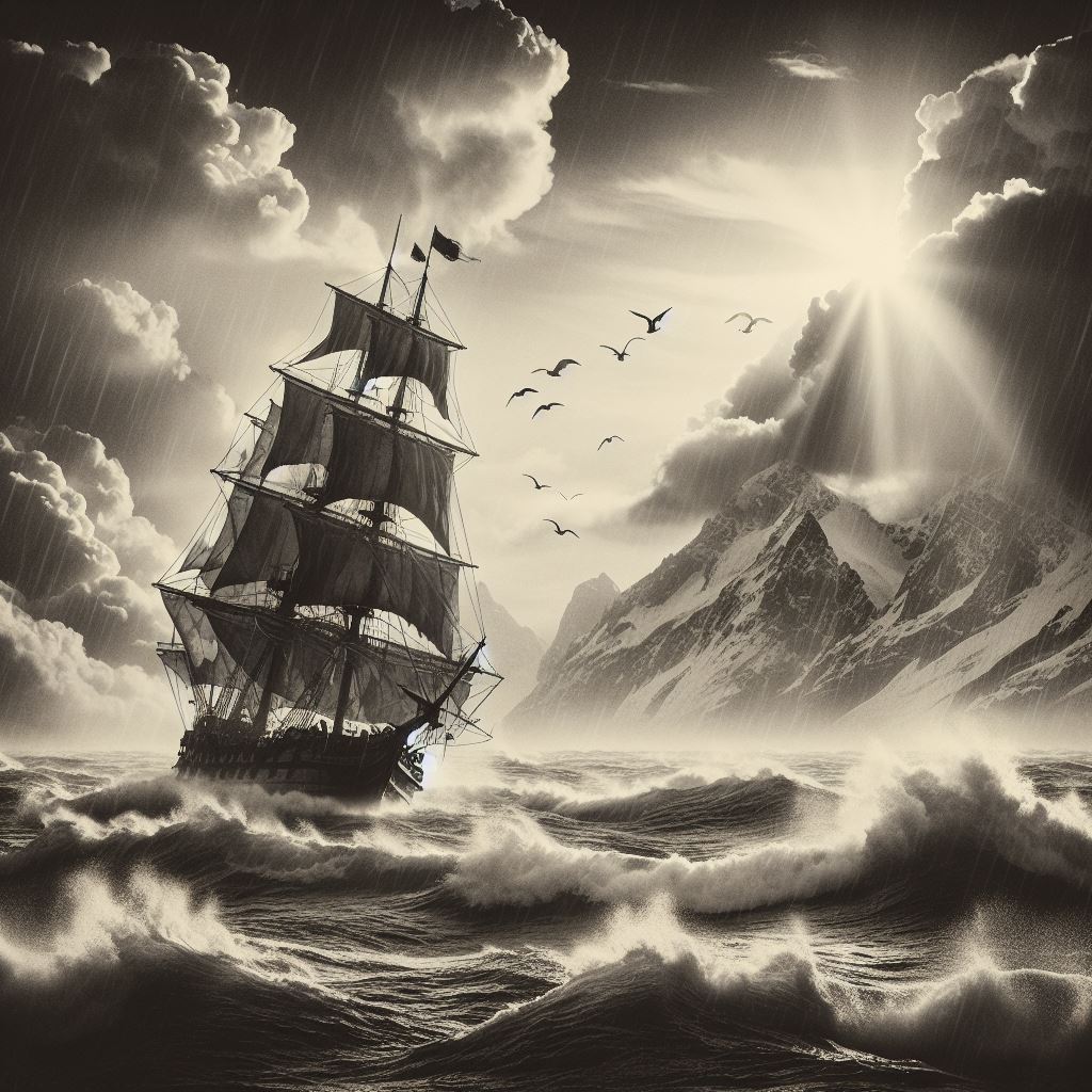 Sailing ship through stormy sea Sailing ship through stormy sea