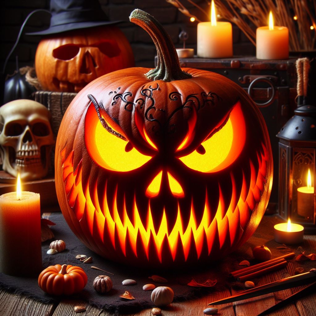 Carved pumpkin with glowing eyes Carved pumpkin with glowing eyes