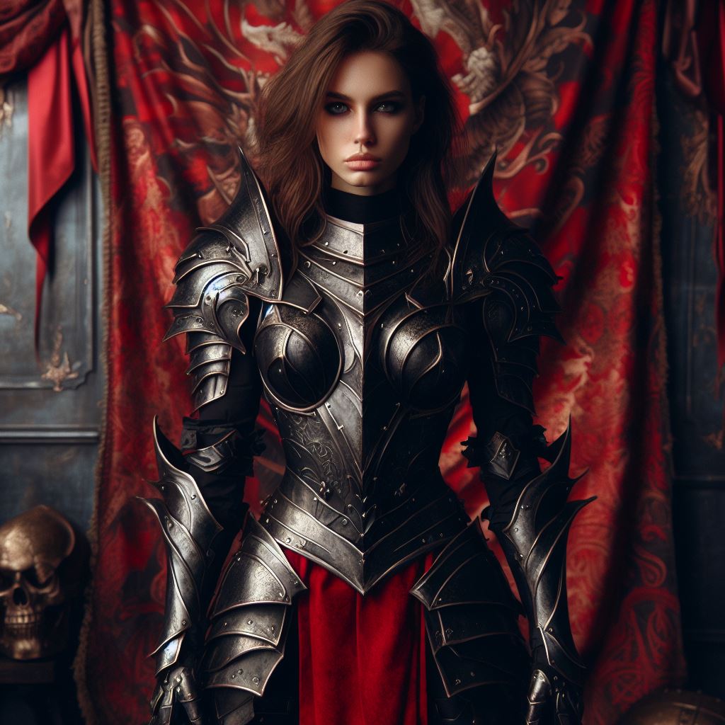 Woman in black armor with red drapery Woman in black armor with red drapery