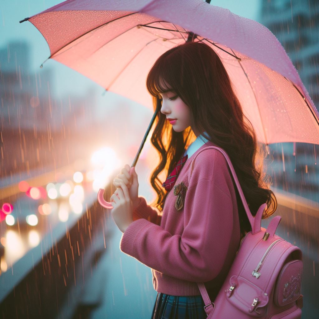 Woman with pink umbrella in rain Woman with pink umbrella in rain
